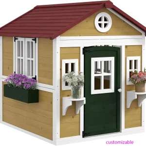 Outdoor Kids Wooden Playhouse with Doors, Windows