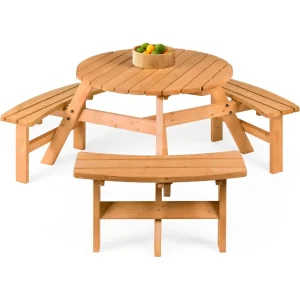 6-Person Circular Wooden Picnic Table with Built-in Benches