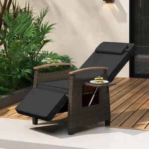 Patio Reclining Wicker Chair with Flip Side Table